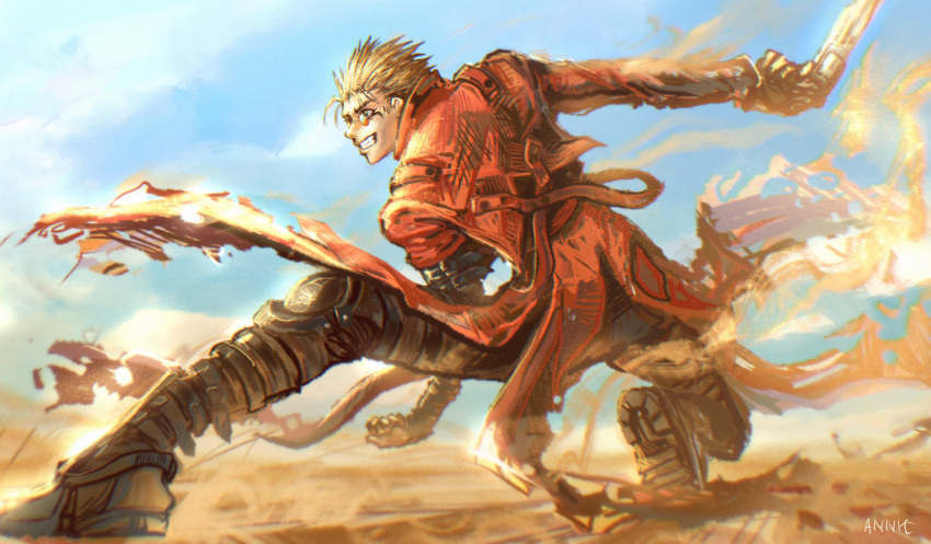 1boy absurdres anniechromes blue_sky boots coat desert earrings full_body gloves gun highres holding jewelry long_coat male_focus manly mole mole_under_eye prosthesis prosthetic_arm red_coat revolver round_eyewear short_hair signature sky smile solo squatting sunglasses trigun vash_the_stampede weapon