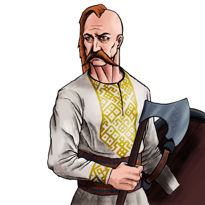 1boy axe bald battle_axe blue_sash brown_facial_hair brown_hair brown_sash closed_mouth commentary english_commentary european_clothes facial_hair green_eyes highres holding holding_axe holding_shield holding_weapon long_sleeves looking_ahead looking_away male_focus multicolored_sash mustache original oseledets patterned patterned_clothing red_sash sash serbo-croatian_commentary shield shirt slavic_clothes solo striped_sash transparent_background upper_body warrior warthorius weapon white_shirt wooden_shield yellow_sash