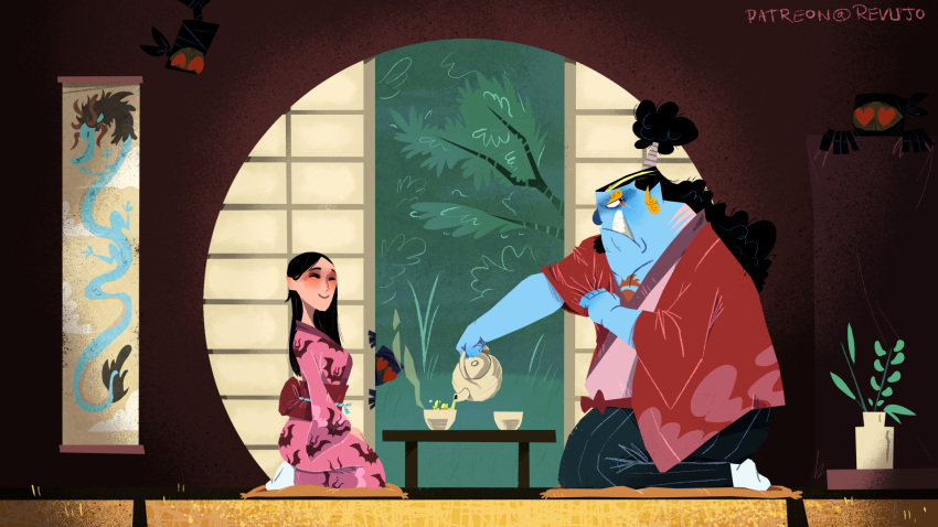 1boy 1girl 3others annoyed black_hair blue_skin chest_tattoo closed_eyes closed_mouth colored_skin cup day fangs fangs_out fish_boy flower_pot from_side full_body hakama heart heart-shaped_eyes height_difference hiding highres holding holding_teapot indoors japanese_clothes jinbe_(one_piece) kimono long_hair looking_at_another mask mouth_mask multiple_others nico_robin ninja ninja_mask one_piece patreon_username peeking_out plant pouring revujo scar scar_across_eye seiza sitting smile tattoo tea teacup teapot topknot v-shaped_eyebrows