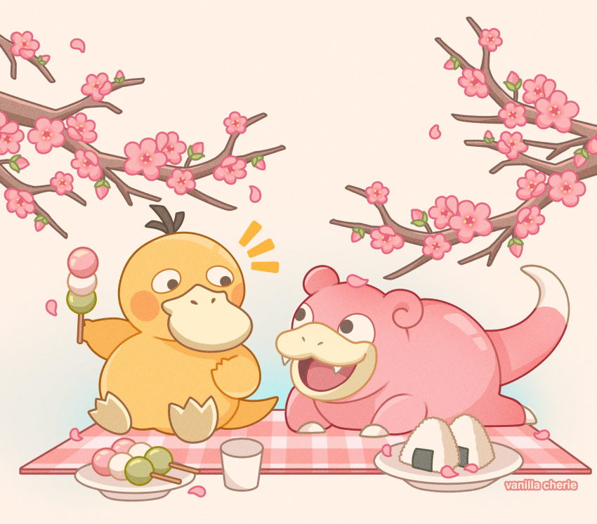 :d artist_name black_eyes blanket blush blush_stickers branch cherry_blossoms commentary cup dango english_commentary falling_petals fangs flower food highres holding holding_food looking_at_another no_humans notice_lines onigiri open_mouth petals picnic pink_flower plate pokemon pokemon_(creature) psyduck sanshoku_dango simple_background sitting slowpoke smile vanillacherie wagashi white_background