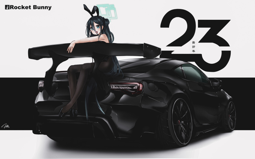 1girl :d absurdres animal_ears aris_(blue_archive) black_hair black_leotard blue_archive blue_eyes car english_commentary fake_animal_ears ground_vehicle halo highleg highleg_leotard highres leotard long_hair looking_at_viewer motor_vehicle nougat_(73r1r1) open_mouth pantyhose playboy_bunny rabbit_ears signature sitting smile spoiler_(automobile) strapless strapless_leotard subaru_(brand) subaru_brz vehicle_focus very_long_hair