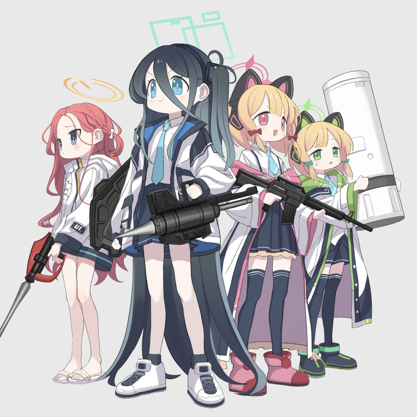 4girls absurdres animal_ear_headphones animal_ears aris_(blue_archive) assault_rifle atat250 black_hair black_skirt black_thighhighs blonde_hair blue_archive blue_eyes blue_jacket blue_necktie bow braid cat_ear_headphones closed_mouth coat coat_partially_removed collared_shirt dot_mouth fake_animal_ears forehead full_body green_bow green_coat green_eyes grey_background grey_eyes gun hair_between_eyes hair_bow halo headphones high_collar highres holding holding_shield holding_weapon jacket light_blush long_bangs long_hair looking_ahead midori_(blue_archive) momoi_(blue_archive) multicolored_clothes multicolored_coat multicolored_jacket multiple_girls multiple_hair_bows necktie one_side_up open_clothes open_coat open_jacket open_mouth pile_bunker pink_bow pink_coat pink_eyes pleated_skirt raised_eyebrow redhead rifle sandals shield shirt shoes short_necktie side_braid sidelocks simple_background skirt smile sneakers standing thigh-highs v-shaped_eyebrows very_long_hair weapon weapon_request white_coat white_jacket white_shirt yuzu_(blue_archive)