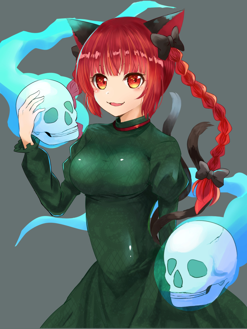 1girl animal_ears black_bow blue_fire blunt_bangs blush bow braid breasts cat_ears dress eyebrows_hidden_by_hair fang fire floating_skull green_dress grey_background hair_bow hand_up highres hitodama inamori_(inari00000) juliet_sleeves kaenbyou_rin long_hair long_sleeves multiple_tails nekomata puffy_sleeves red_eyes redhead simple_background skull smile solo tail touhou twin_braids two_tails