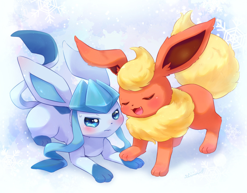 absurdres annoyed artist_name blue_eyes blush closed_eyes closed_mouth commentary_request flareon glaceon hand_on_another's_hand highres open_mouth pokemon shii_(no-va_could) sitting smile snowflake_background snowflakes snowing sweatdrop v-shaped_eyebrows