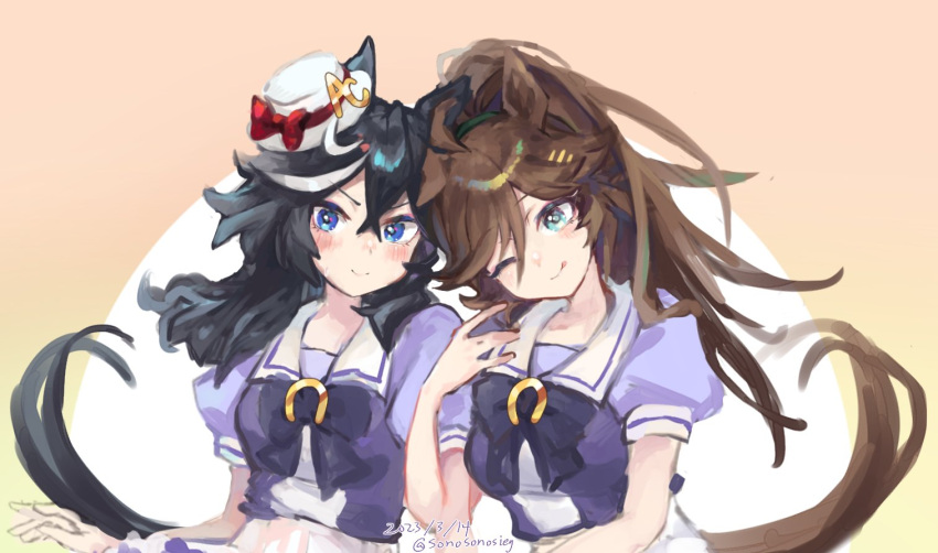 2girls alternate_hairstyle animal_ears arm_hug black_hair blue_eyes bow bowtie breasts brown_hair closed_mouth crossed_bangs dated green_eyes hat horse_ears horse_girl horse_tail katsuragi_ace_(umamusume) long_hair looking_at_viewer mini_hat mr._c.b._(umamusume) multicolored_hair multiple_girls one_eye_closed ponytail purple_shirt school_uniform shirt short_sleeves small_breasts smile sonosonosieg streaked_hair tail tongue tongue_out tracen_school_uniform twitter_username umamusume