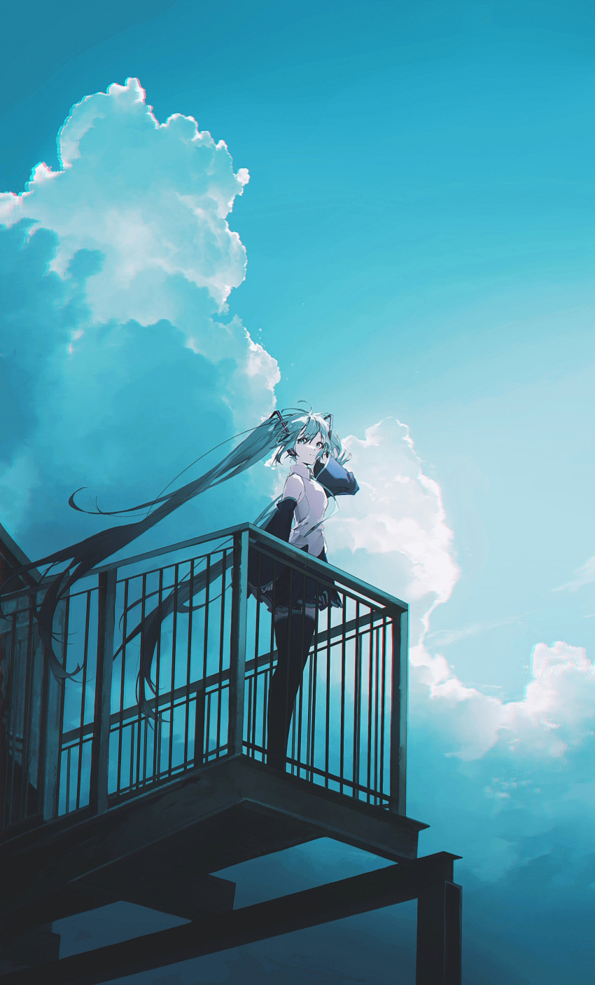 1girl absurdres aqua_eyes aqua_hair aqua_necktie black_skirt black_thighhighs blue_sky cheonyeon-hi chromatic_aberration closed_mouth clouds collared_shirt commentary_request day detached_sleeves floating_hair hair_ornament hair_tucking hare_wo_matsu_(vocaloid) hatsune_miku headphones highres light_smile long_hair looking_at_viewer looking_back necktie outdoors pleated_skirt railing shirt skirt sky sleeveless sleeveless_shirt solo stairs standing thigh-highs very_long_hair vocaloid white_shirt wide_shot wind