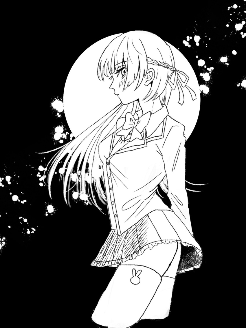1girl blazer blunt_bangs blush bonnmi bow bowtie braid circle closed_mouth collared_shirt cropped_legs expressionless floating_hair french_braid from_side greyscale hair_ribbon half-closed_eyes highres hime_cut jacket lineart long_sleeves looking_at_viewer looking_to_the_side monochrome nijisanji pleated_skirt ribbon school_uniform shirt sideways_glance skirt solo splatter_background thigh-highs tsukino_mito virtual_youtuber