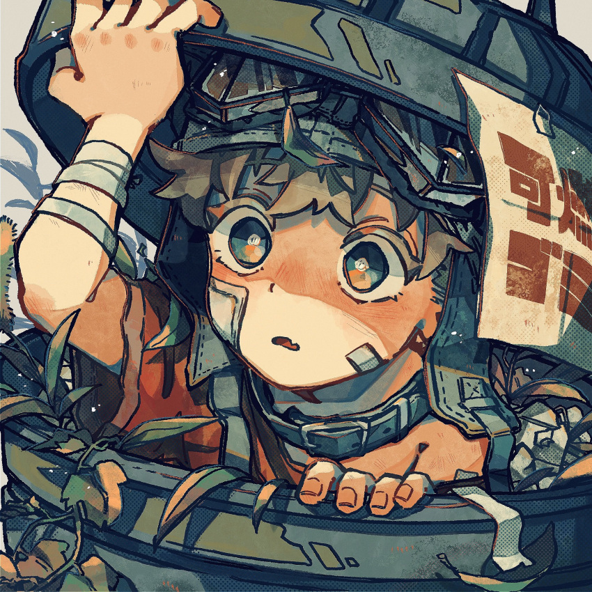 1boy bandaid brown_hair collar commentary_request goggles goggles_on_head hardhat hata_kiwi helmet hiding highres male_child male_focus off_shoulder open_mouth original peeking peeking_out short_hair short_sleeves solo trash trash_can