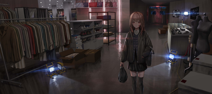 1girl absurdres bag black_skirt black_thighhighs blood blood_on_face blood_on_leg box brown_eyes brown_hair closed_mouth clothes collared_shirt commentary door english_commentary feet_out_of_frame grey_bag grey_jacket grey_vest highres holding holding_bag indoors jacket light long_hair long_sleeves looking_at_viewer mannequin mz-t original shirt shop skirt solo standing thigh-highs trash_bag vest white_shirt