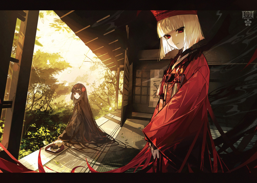 2girls architecture artist_logo black_hair darkness east_asian_architecture eeju fate/grand_order fate_(series) flower grey_hair hair_flower hair_ornament hanging_scroll hat highres japanese_clothes kimono komahime_(fate) long_hair multiple_girls pale_skin scroll sen_no_rikyu_(fate) sitting smile sunlight tray tree very_long_hair wide_sleeves