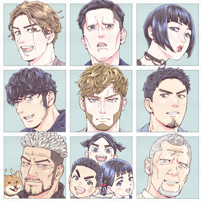 3girls 6+boys :d alternate_hairstyle beard black_choker black_hair brown_hair c69 character_request child choker cikapasi dog edogai_yasaku enonoka facial_hair goatee golden_kamuy grey_hair highres ienaga_kano kadokura_(golden_kamuy) kirawus_(golden_kamuy) mature_male multicolored_hair multiple_boys multiple_girls nihei_tetsuzou nikaidou_kouhei old old_man scar scar_on_face sharp_teeth short_hair sideburns smile stubble teeth thick_eyebrows toni_anji two-tone_hair vasily_(golden_kamuy)