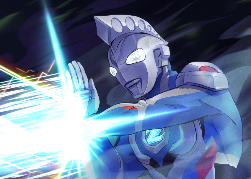 1boy absurdres alien bodysuit chopchopguy commentary dorsal_fin fighting_stance hand_up highres male_focus solo standing tokusatsu ultraman_z ultraman_z_(series) upper_body white_eyes