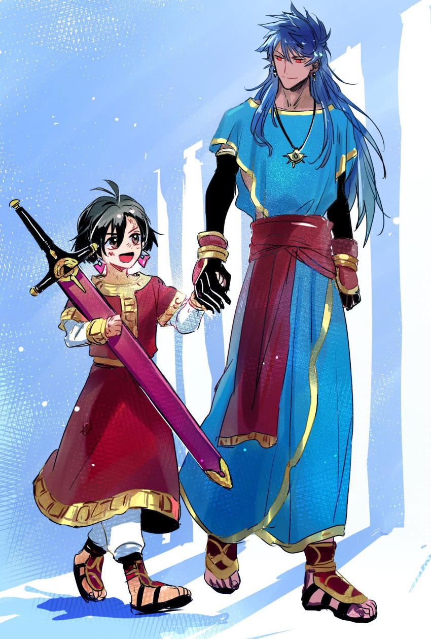 2boys :d aged_down alternate_costume antenna_hair arm_guards black_gloves black_hair blue_background blue_hair blue_robe brown_eyes constantine_xi_(fate) dark-skinned_male dark_skin earrings elbow_gloves fate/grand_order fate_(series) full_body gloves hair_between_eyes highres holding holding_hands holding_sword holding_weapon jewelry layered_sleeves long_hair long_sleeves looking_at_another male_child male_focus multiple_boys pants pendant red_eyes red_robe red_sash robe romulus_quirinus_(fate) sandals sash scratches sheath sheathed shirt short_hair short_over_long_sleeves short_sleeves smile sword v-shaped_eyebrows walking weapon white_pants white_shirt window yayayakan