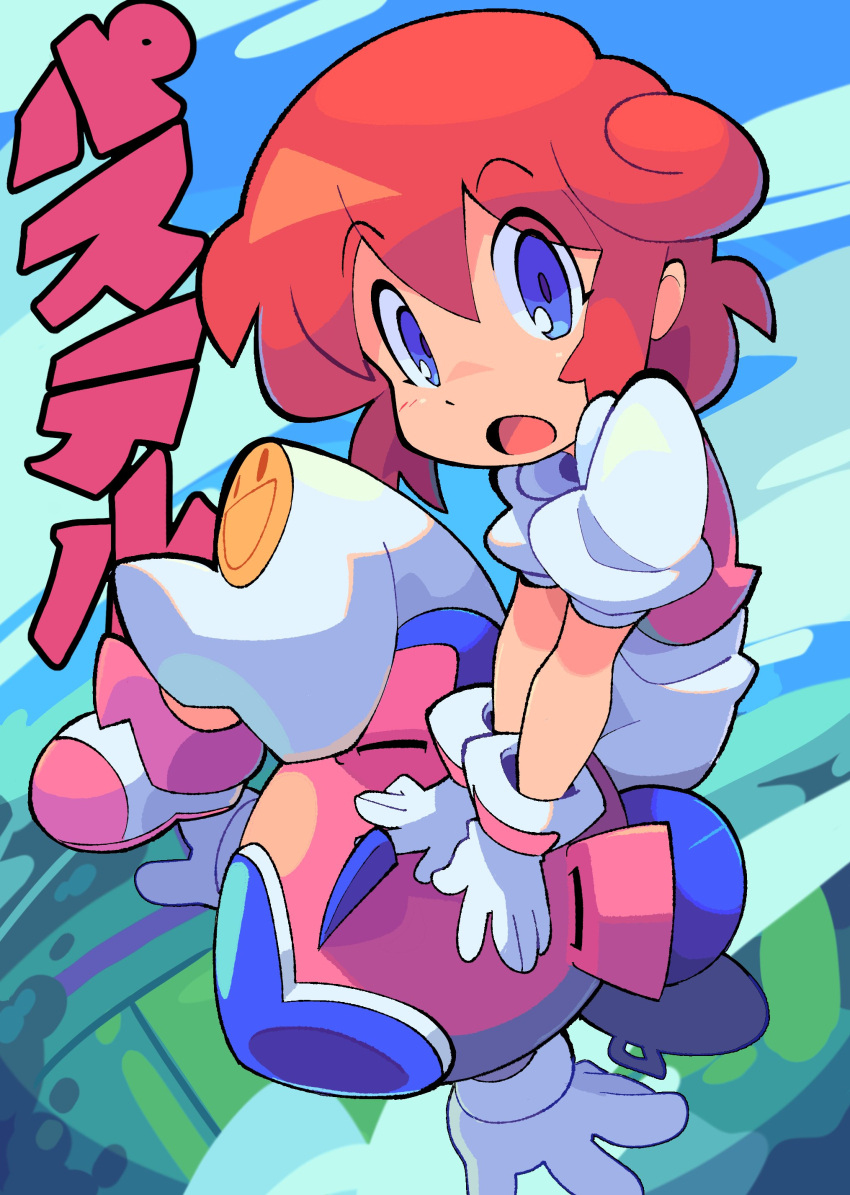 1girl absurdres bacun blue_eyes blue_sky clouds cloudy_sky curly_hair english_commentary flying gloves highres looking_at_viewer open_mouth outdoors pants pastel_(twinbee) pink_hair puffy_short_sleeves puffy_sleeves robot short_hair short_sleeves sky smiley_face translation_request twinbee white_gloves white_pants winbee