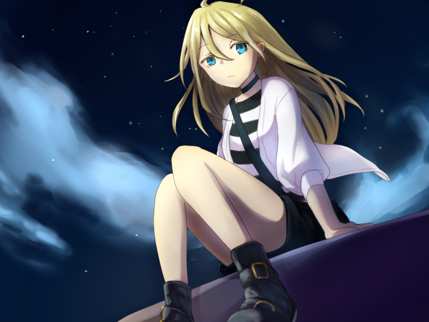 1girl bags_under_eyes black_choker black_footwear black_shorts blonde_hair blue_eyes choker frown hair_between_eyes jacket long_hair night open_clothes open_jacket rachel_gardner rokuro999 satsuriku_no_tenshi shirt shoes short_sleeves shorts sitting solo star_(sky) striped striped_shirt white_jacket