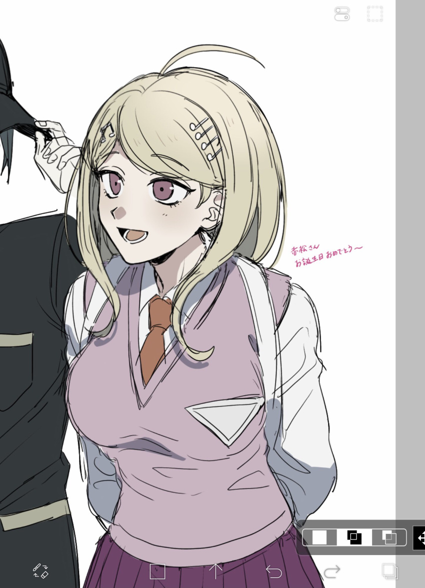 1boy 1girl :d ahoge akamatsu_kaede arms_behind_back backpack bag black_hair black_headwear black_jacket blonde_hair breasts brown_necktie collared_shirt danganronpa_(series) danganronpa_v3:_killing_harmony hair_ornament highres jacket large_breasts long_sleeves lower_teeth_only musical_note musical_note_hair_ornament necktie pink_skirt pink_sweater_vest pleated_skirt saihara_shuuichi shirt skirt smile solo_focus sweater_vest teeth tongue translation_request tuzuriya unfinished violet_eyes white_shirt