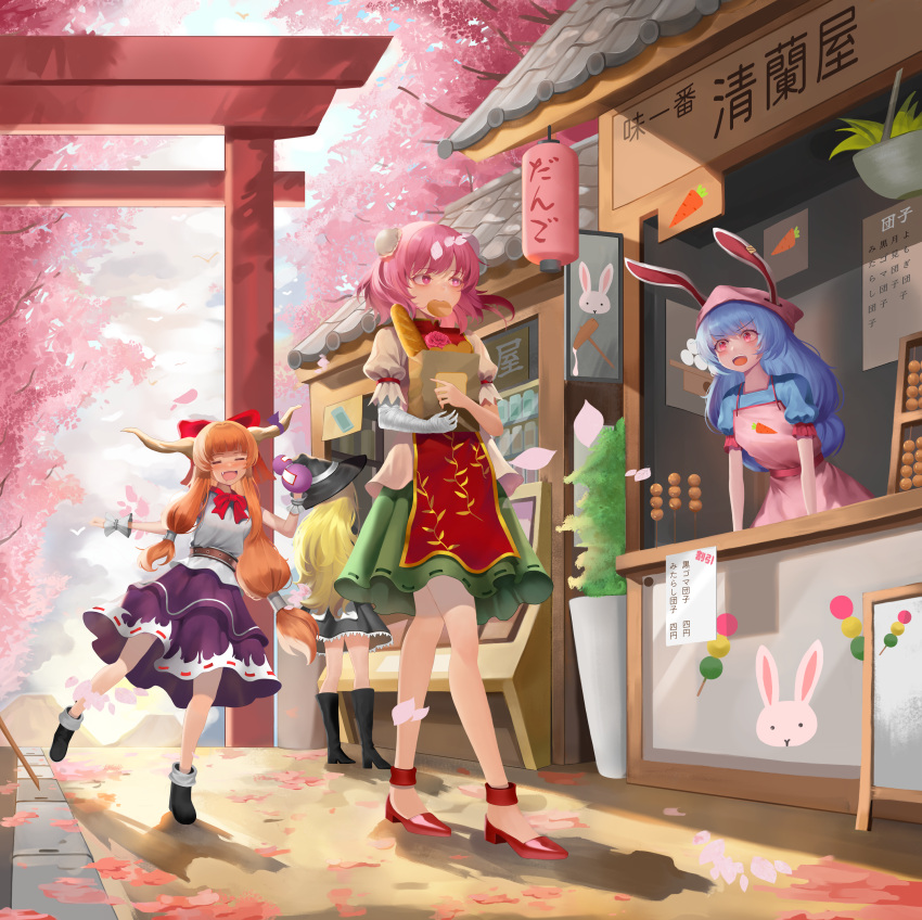 4girls absurdres animal_ears apron baguette bandaged_arm bandages black_footwear black_headwear blonde_hair blue_dress blue_hair boots bow bread breasts bun_cover carrot cherry_blossoms closed_eyes commentary_request dango day dobostorte double_bun dress earclip eating food food_in_mouth frilled_sleeves frills full_body gourd green_skirt hair_bow hair_bun hanging_plant hat highres horn_ornament horn_ribbon horns ibaraki_kasen ibuki_suika kirisame_marisa lantern long_hair looking_at_another low-tied_long_hair market_stall multiple_girls open_mouth orange_hair outdoors paper_lantern petals pink_apron pink_eyes pink_hair plant potted_plant purple_ribbon purple_skirt rabbit_ears red_bow red_eyes red_footwear ribbon ribbon-trimmed_skirt ribbon_trim seiran_(touhou) shirt shoes short_hair short_sleeves sidelocks skirt sleeveless sleeveless_shirt small_breasts smile tabard torii touhou translation_request tree very_long_hair wagashi walking white_shirt witch_hat wrist_cuffs