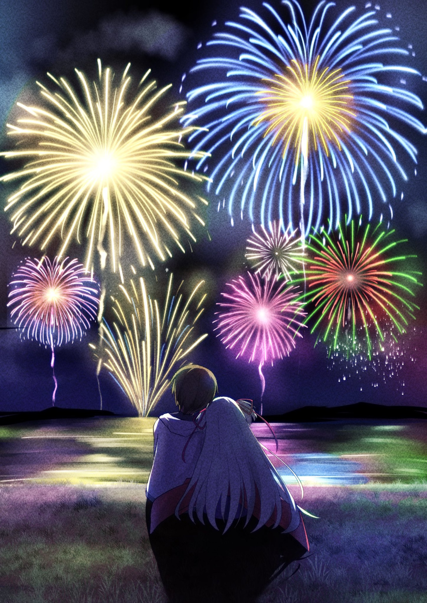 1boy 1girl arichi_masaomi brown_hair commentary couple fireworks from_behind grass green_hair hair_spread_out head_on_another's_shoulder heads_together hetero highres hug long_hair murasame_(senren) night red_ribbon ribbon senren_banka sesen2000 short_hair sitting two_side_up very_long_hair