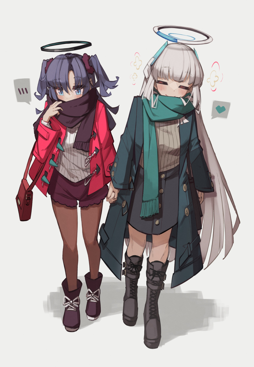 2girls =_= absurdres adjusting_scarf alternate_costume black_coat black_footwear black_pantyhose black_scarf black_shorts black_skirt blue_archive blue_eyes blue_scarf blunt_bangs blush boots casual coat commentary_request embarrassed eyes_visible_through_hair full_body grey_hair hair_ornament halo headgear heart highres holding holding_hair interlocked_fingers knee_boots long_hair long_sleeves looking_away multiple_girls noa_(blue_archive) pantyhose parted_bangs purple_hair red_coat ribbed_sweater scarf shoes short_shorts shorts sidelocks simple_background skirt sneakers spoken_blush spoken_heart sweater togekk0 walking white_background yuri yuuka_(blue_archive)