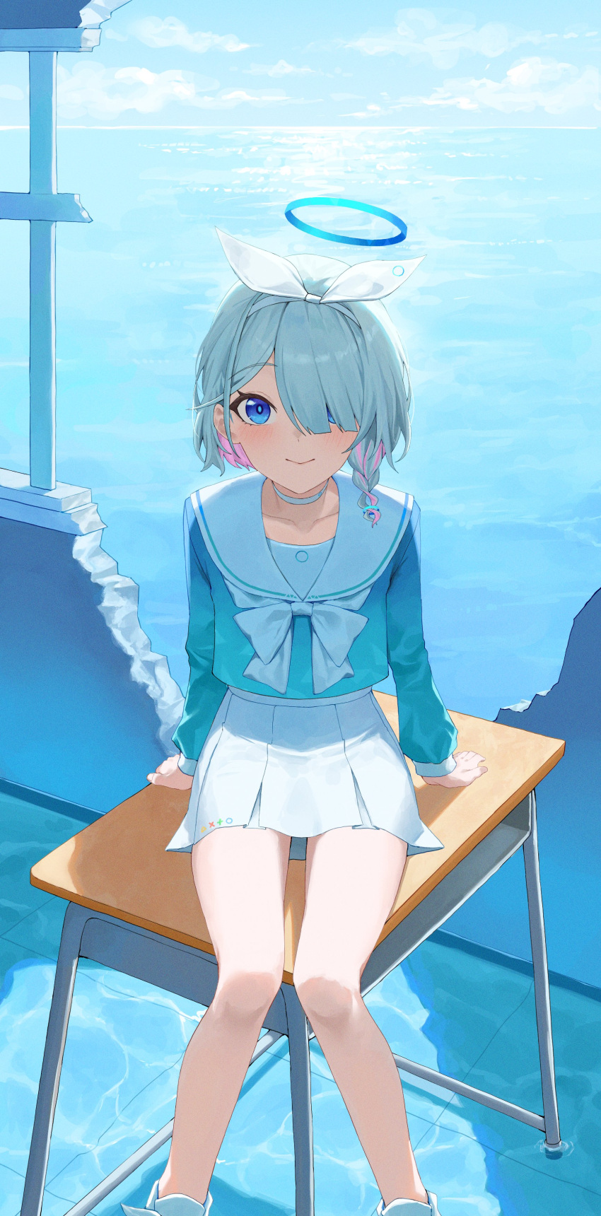 1girl absurdres aqua_eyes aqua_hair arona_(blue_archive) blue_archive blue_serafuku braid broken_wall choker classroom collarbone colored_inner_hair commentary_request desk hair_ornament hair_over_one_eye hairband halo highres looking_at_viewer multicolored_hair on_desk pleated_skirt school_desk school_uniform serafuku shoes short_hair sidelocks single_braid sitting sitting_on_desk skirt sneakers solo tai_saka white_choker white_skirt