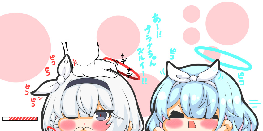 &gt;_&lt; 1other 2girls :o a.r.o.n.a_(blue_archive) arona_(blue_archive) black_hairband blue_archive blue_hair blush braid chibi closed_eyes disembodied_limb gloves grey_eyes grey_hair hair_over_one_eye hair_ribbon hairband halo headpat highres kurukurumagical long_sleeves multiple_girls open_mouth parted_lips ribbon sensei_(blue_archive) speed_lines translation_request white_background white_gloves white_hairband white_ribbon