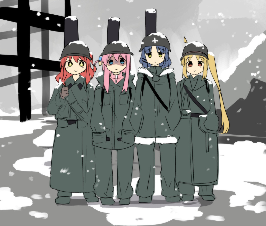 +_+ 4girls ahoge alternate_costume black_hair blonde_hair blue_eyes blurry bocchi_the_rock! brodie_helmet brown_eyes coat commentary cube_hair_ornament depth_of_field detached_ahoge drill_hair english_commentary full_body gloom_(expression) gotou_hitori green_hair hair_between_eyes hair_ornament helmet highres hinghoi ijichi_nijika kita_ikuyo long_hair long_sleeves looking_at_viewer military military_helmet military_uniform mole mole_under_eye multiple_girls one_side_up parody parted_bangs pink_hair redhead shaded_face short_hair shoujo_shuumatsu_ryokou shoulder_belt side_ponytail sidelocks sketch snow snowing standing style_parody tsukumizu_yuu_(style) uniform winter_clothes winter_coat yamada_ryou