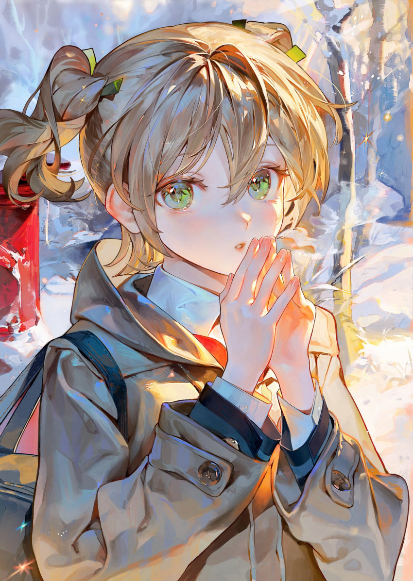 1girl bag blonde_hair bow bowtie brown_coat buttons coat collared_shirt daiba_nana day fingernails green_eyes green_ribbon grey_jacket hair_between_eyes hair_ribbon hands_up highres hood hood_down hooded_coat jacket light_particles long_sleeves looking_at_viewer outdoors own_hands_together parted_lips postbox_(outgoing_mail) red_bow red_bowtie ribbon school_bag school_uniform seishou_music_academy_uniform shirt short_hair short_twintails shoujo_kageki_revue_starlight shoulder_bag snow solo sparkle steepled_fingers suzumi_(ccroquette) tree twintails upper_body white_shirt winter