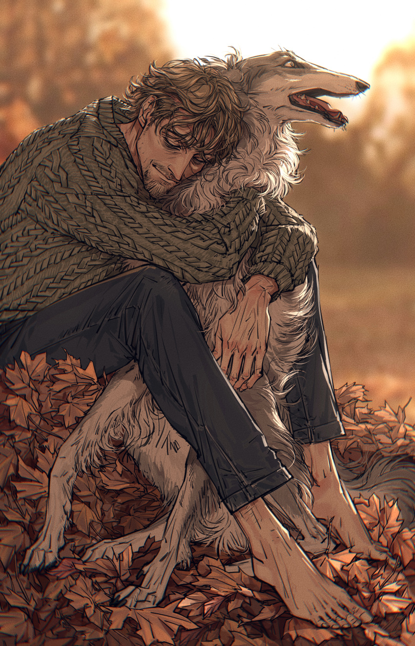 1boy absurdres animal animal_hug barefoot blue_pants blurry blurry_background closed_eyes closed_mouth dog facial_hair grey_sweater highres leaf light_brown_hair long_sleeves nyeigneous original pants sitting solo sweater