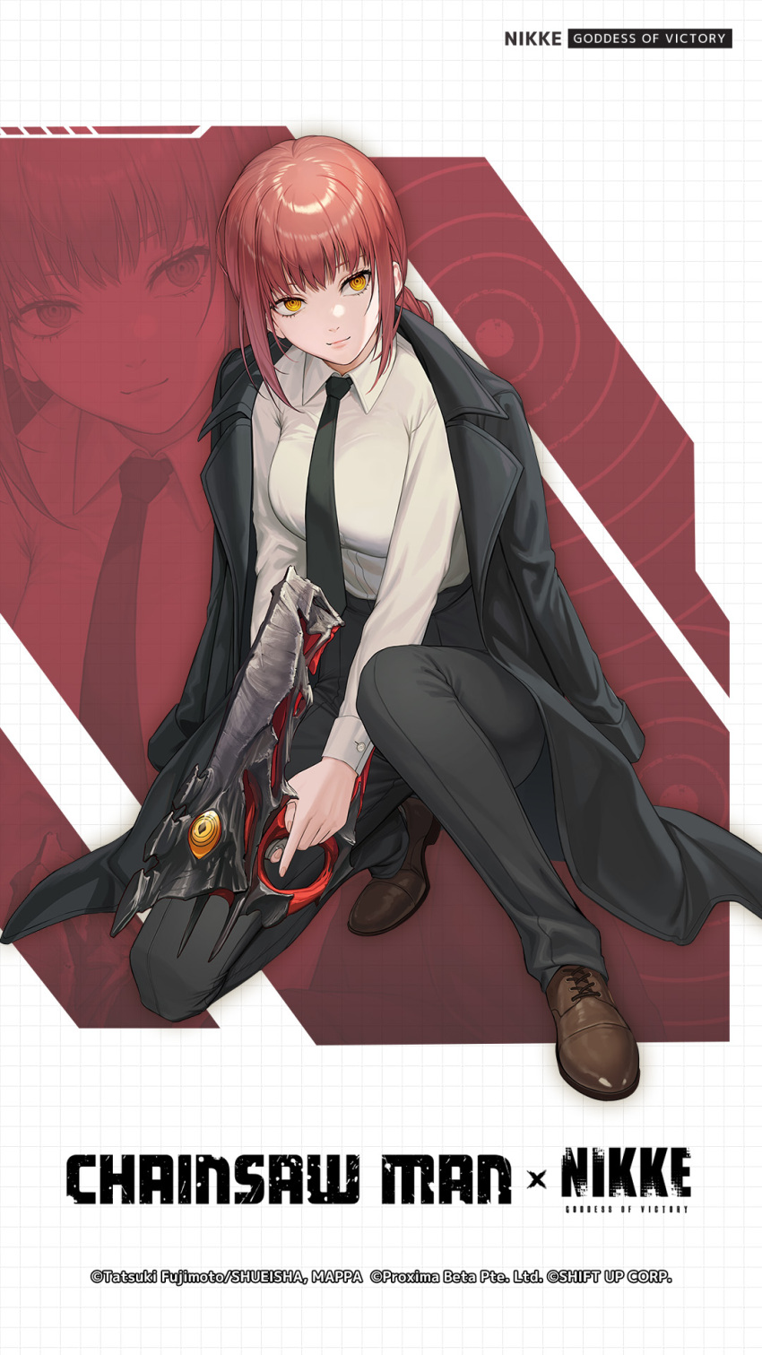 1girl black_coat black_necktie black_pants braid braided_ponytail breasts business_suit chainsaw_man coat collared_shirt crossover formal goddess_of_victory:_nikke gun highres holding holding_gun holding_weapon long_coat long_hair long_sleeves looking_at_viewer makima_(chainsaw_man) medium_breasts necktie office_lady official_art pants pink_hair ringed_eyes shirt shirt_tucked_in suit weapon white_shirt yellow_eyes