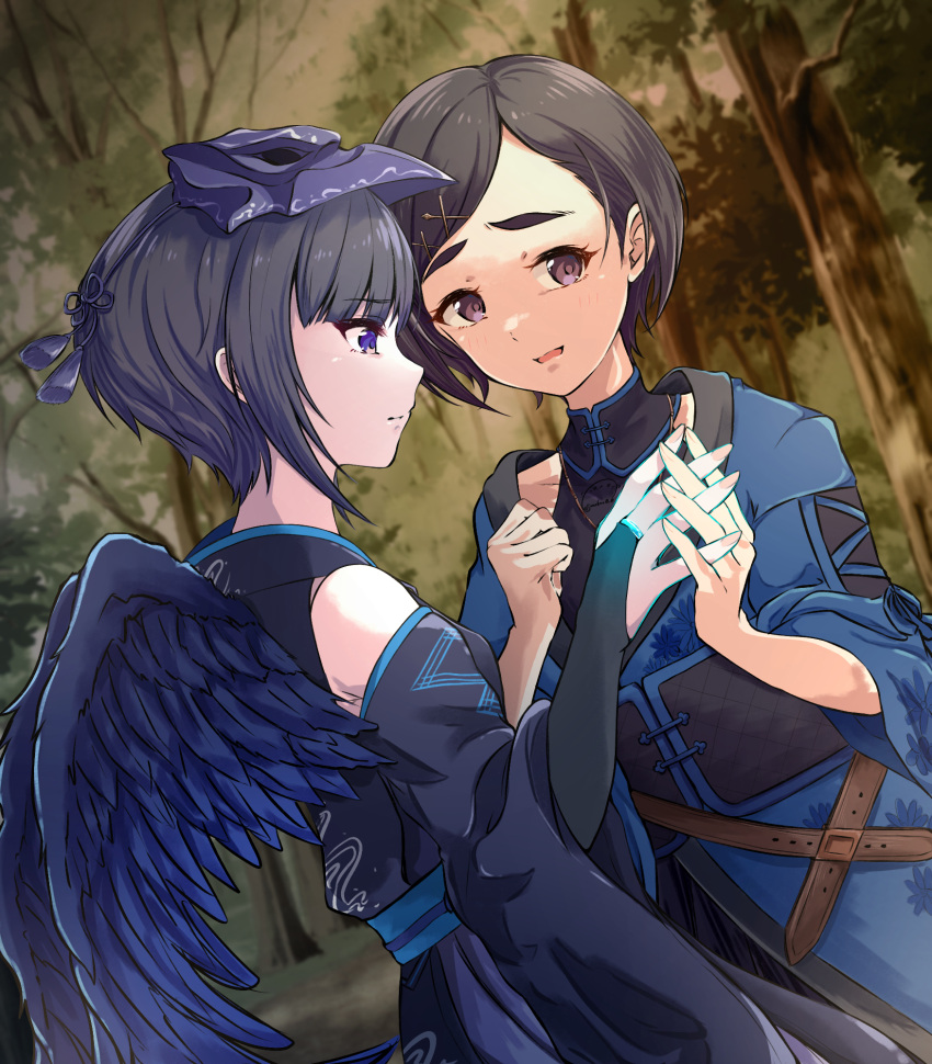 2girls black_hair black_wings blue_eyes clenched_hand feathered_wings forest hair_ornament hairclip highres idolmaster idolmaster_cinderella_girls interlocked_fingers japanese_clothes long_sleeves mask mask_on_head matsuo_chizuru multiple_girls nature outdoors shirayuki_chiyo sonakao violet_eyes wings