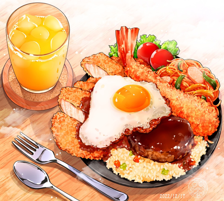 cherry_tomato coaster cup dated egg_(food) food food_focus fork lettuce meat no_humans noodles ooranokohaku orange_juice original plate rice shrimp shrimp_tempura spoon still_life tempura tomato tonkatsu watermark