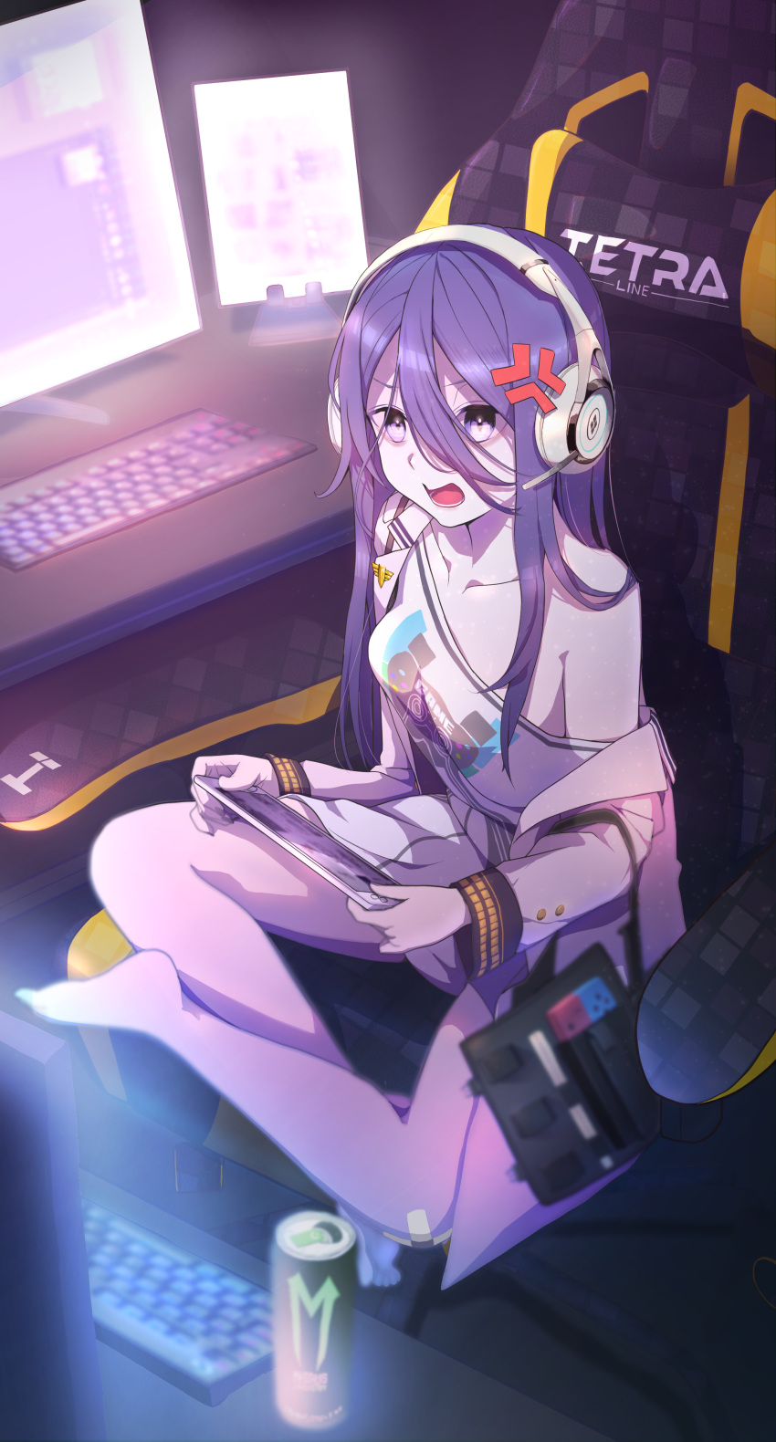 1girl absurdres angry bags_under_eyes black_choker black_hair black_nails chair choker crossed_legs dezi exia_(nikke) feet game_controller_print gaming_chair goddess_of_victory:_nikke hair_between_eyes handheld_game_console headphones headset highres holding holding_handheld_game_console jacket long_hair monster_energy nail_polish off_shoulder open_clothes open_jacket open_mouth playing_games shirt sidelocks sitting solo swivel_chair violet_eyes white_jacket white_shirt