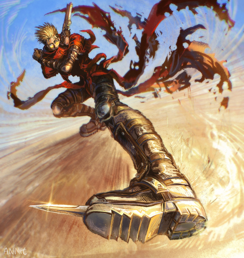 1boy absurdres anniechromes blonde_hair blue_sky boots coat desert earrings full_body gloves gun highres holding jewelry knife long_coat male_focus manly mole mole_under_eye prosthesis prosthetic_arm red_coat revolver round_eyewear short_hair signature sky smile solo sunglasses trigun vash_the_stampede weapon