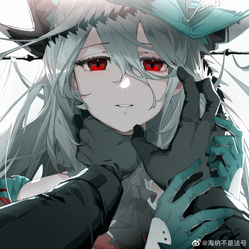 1girl 1other arknights black_gloves doctor_(arknights) gloves grabbing_another's_hand grey_hair hainabu_shifahao hair_between_eyes hat long_hair long_sleeves looking_at_viewer pov red_eyes skadi_(arknights) skadi_the_corrupting_heart_(arknights) smile strangling