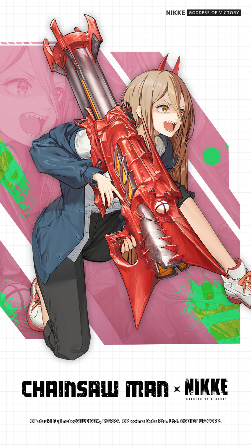 1girl black_necktie black_pants chainsaw_man collared_shirt cross-shaped_pupils crossover demon_girl demon_horns goddess_of_victory:_nikke gun highres holding holding_gun holding_weapon horns jacket jacket_partially_removed long_hair looking_at_viewer necktie official_art open_mouth pants pants_rolled_up power_(chainsaw_man) red_horns sharp_teeth shirt shirt_partially_tucked_in smile symbol-shaped_pupils teeth weapon white_shirt yellow_eyes