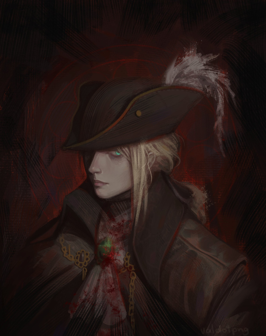 1girl absurdres ascot black_coat black_pants blood blood_on_clothes blood_stain bloodborne boots coat double-blade gem hat hat_feather highres lady_maria_of_the_astral_clocktower long_hair looking_at_viewer pants ponytail rakuyo_(bloodborne) solo tricorne valdotpng