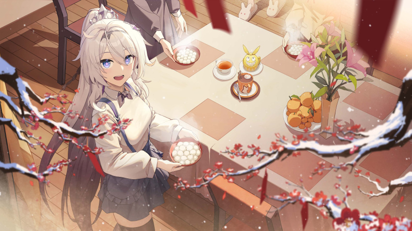 1girl absurdres black_skirt black_thighhighs blue_eyes bow bowtie branch chair cup fled flower food fruit gradient_hair hair_between_eyes highres honkai_(series) honkai_impact_3rd kiana_kaslana lantern_festival long_hair long_sleeves looking_at_viewer looking_to_the_side looking_up mandarin_orange multicolored_hair open_mouth orange_(fruit) petals purple_hair second-party_source shirt skirt smile snow standing suspender_skirt suspenders table teacup thigh-highs tiara very_long_hair white_hair white_shirt