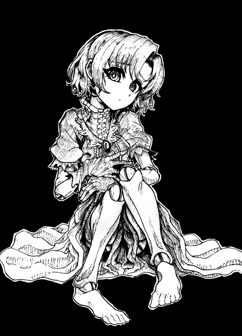 1girl barefoot black_background brooch commentary_request doll_joints dress expressionless full_body gloves greyscale highres idolmaster idolmaster_cinderella_girls jewelry joints looking_at_viewer monochrome nazo_no_diaboro ringed_eyes shiragiku_hotaru short_hair short_sleeves simple_background sitting sketch solo