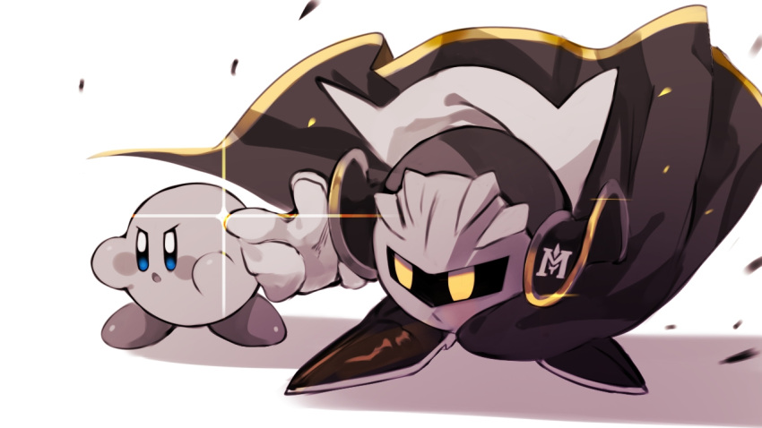 2boys blue_eyes cape commentary_request gloves kirby kirby_(series) male_focus mask meta_knight multiple_boys pointing simple_background user_gaje3724 white_background yellow_eyes