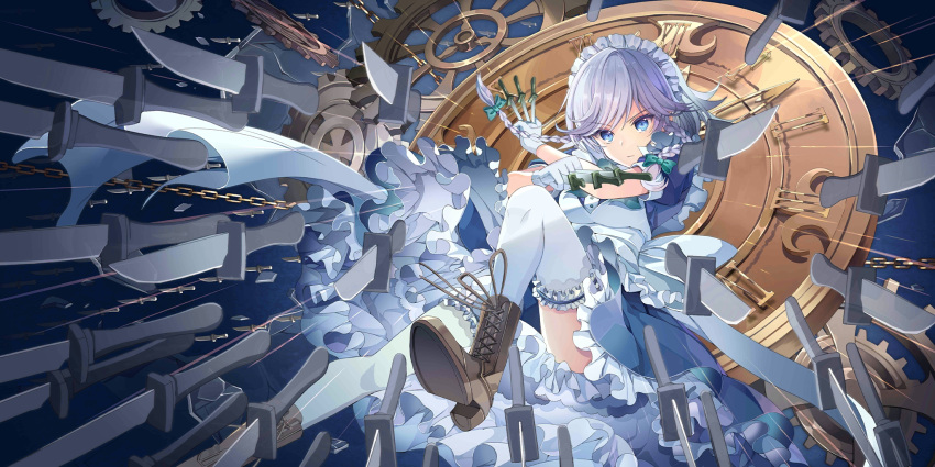 1girl apron blue_dress blue_eyes boots bow braid bridal_garter brown_footwear chain clock closed_mouth cross-laced_footwear dress floating_hair foot_out_of_frame frilled_dress frills fruit_punch gloves green_bow grey_hair hair_bow highres holding holding_knife izayoi_sakuya knife long_hair looking_at_viewer maid_apron maid_headdress non-web_source official_art second-party_source solo thigh-highs touhou touhou_lost_word twin_braids white_apron white_gloves white_thighhighs