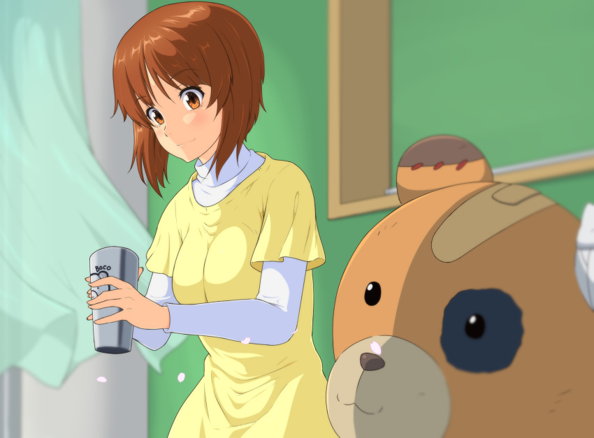 1girl ada_badguy animal_print bandaid bear_print bedroom blurry blurry_background blurry_foreground boko_(girls_und_panzer) brown_hair closed_mouth commentary cup curtains depth_of_field dress girls_und_panzer highres holding holding_cup indoors layered_sleeves long_sleeves nishizumi_miho shirt short_hair short_over_long_sleeves short_sleeves smile solo stuffed_animal stuffed_toy teddy_bear turtleneck white_shirt wind yellow_dress