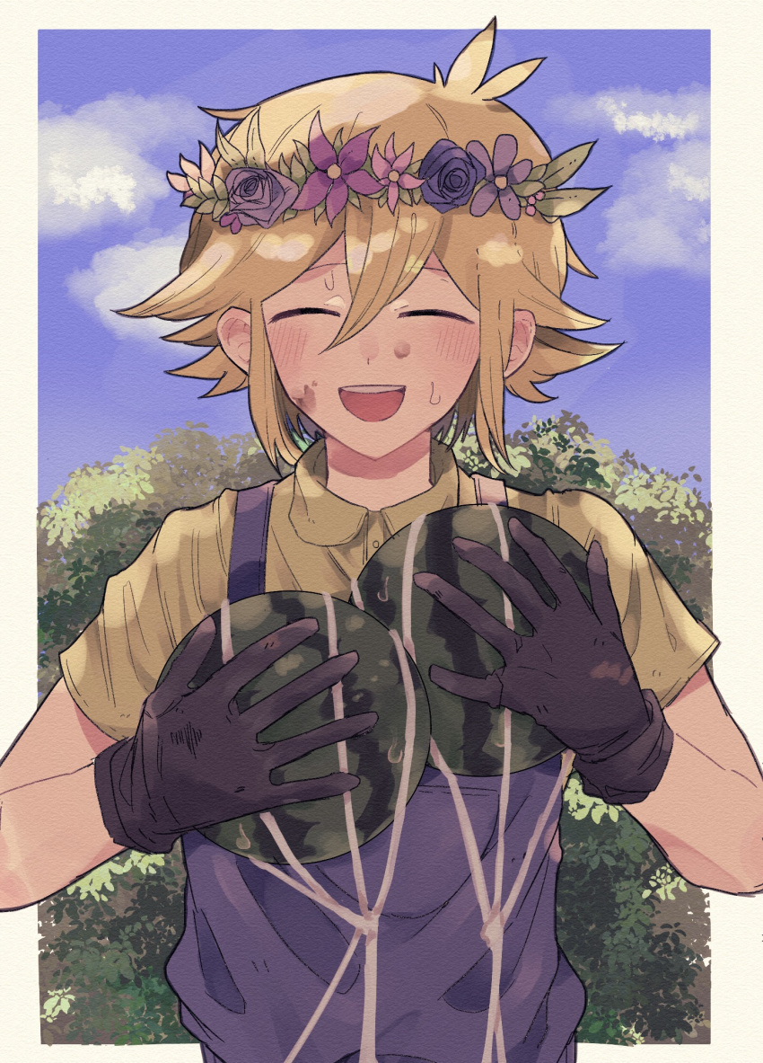 1boy alternate_costume basil_(omori) black_gloves blonde_hair blue_overalls blush closed_eyes collared_shirt commentary day facing_viewer flower food fruit gloves head_wreath highres holding holding_food omori open_mouth outdoors overalls shirt short_hair short_sleeves solo teeth upper_teeth_only uru... watermelon yellow_shirt