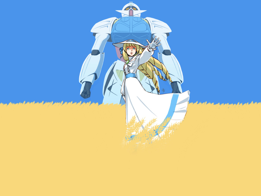 1girl aobito_sukoyaka_bystander blonde_hair blue_eyes blue_sky blunt_bangs center_frills commentary_request dress drill_hair facial_hair frills gloves gundam highres kihel_heim long_dress long_hair long_sleeves looking_away mecha mobile_suit mustache outstretched_arm robot science_fiction sky standing turn_a_gundam turn_a_gundam_(mobile_suit) ukrainian_flag wheat_field white_dress white_gloves white_headwear wind yellow_eyes