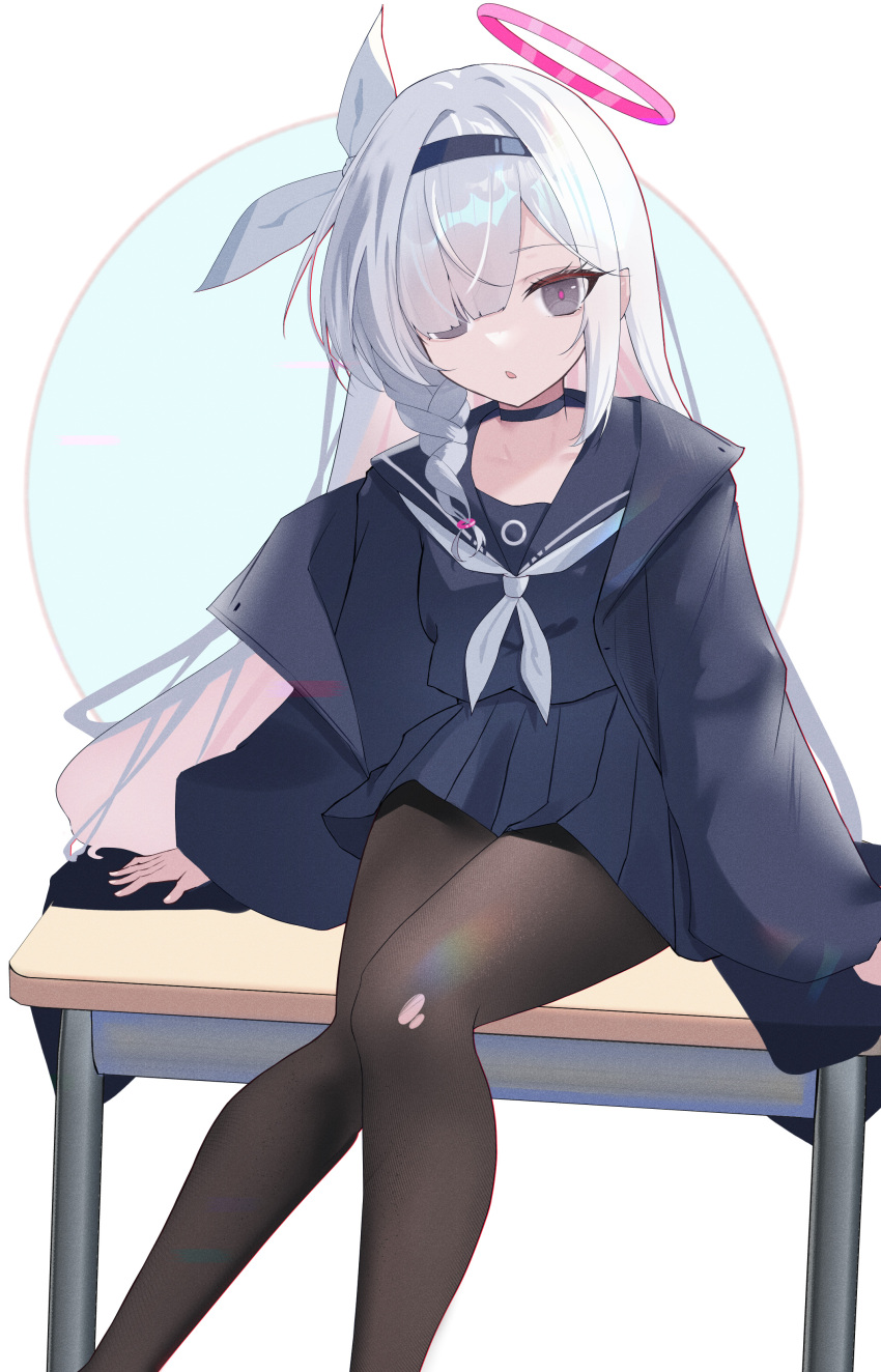 1girl a.r.o.n.a_(blue_archive) absurdres black_pantyhose blue_archive choker desk grey_eyes hairband highres jacket long_hair looking_at_viewer multicolored_hair musicatopos off_shoulder pantyhose parted_lips pink_hair pleated_skirt school_desk school_uniform serafuku simple_background sitting skirt solo torn_clothes torn_pantyhose two-tone_hair white_background white_hair