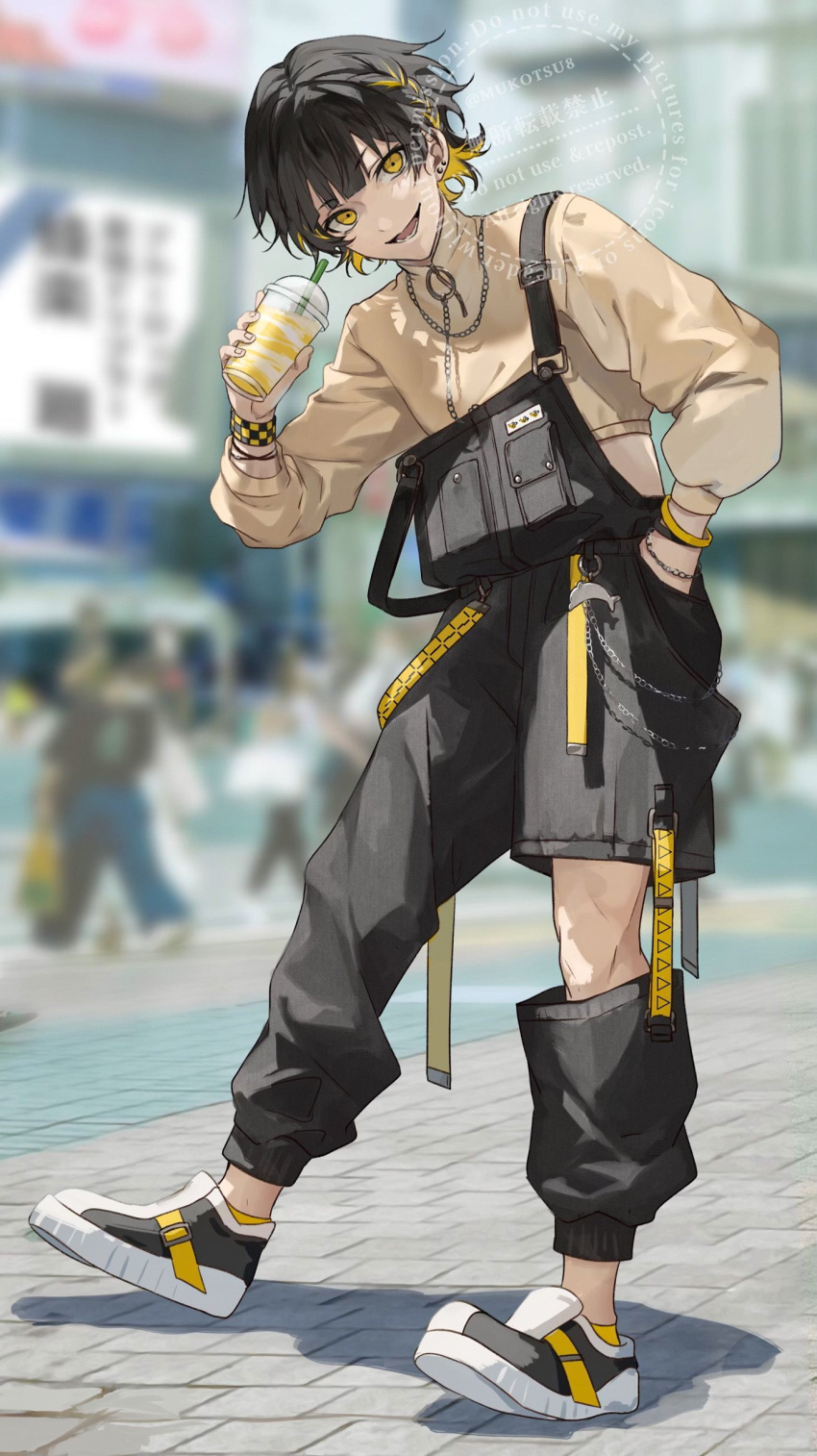 1boy absurdres bachira_meguru black_hair black_overalls blonde_hair blue_lock blurry blurry_background crop_top cup day detached_pants disposable_cup ear_piercing full_body hand_in_own_hair hand_in_pocket highres holding holding_cup jewelry long_sleeves looking_at_viewer male_focus mukotsu8 multicolored_hair necklace open_mouth outdoors overalls piercing shoes sneakers solo standing twitter_username watermark yellow_eyes