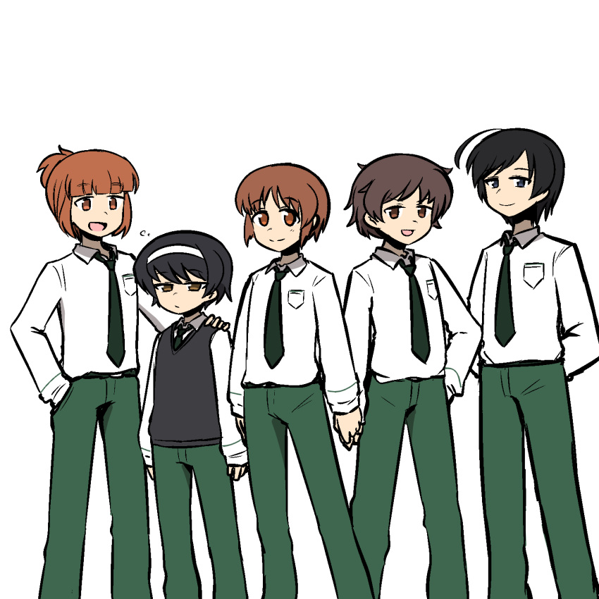 5boys adapted_costume ahoge akiyama_yukari arms_behind_back black_eyes black_hair black_necktie black_sweater_vest blunt_bangs brown_eyes brown_hair dress_shirt genderswap genderswap_(ftm) girls_und_panzer green_pants hairband half-closed_eyes hand_in_pocket hand_on_another's_shoulder hand_on_hip highres isuzu_hana looking_at_viewer male_focus messy_hair multiple_boys necktie nishizumi_miho orange_eyes orange_hair pants ponita-poniponi reizei_mako school_uniform shirt short_hair short_ponytail side-by-side simple_background sleepy standing sweater_vest takebe_saori v-neck white_background white_hairband wing_collar