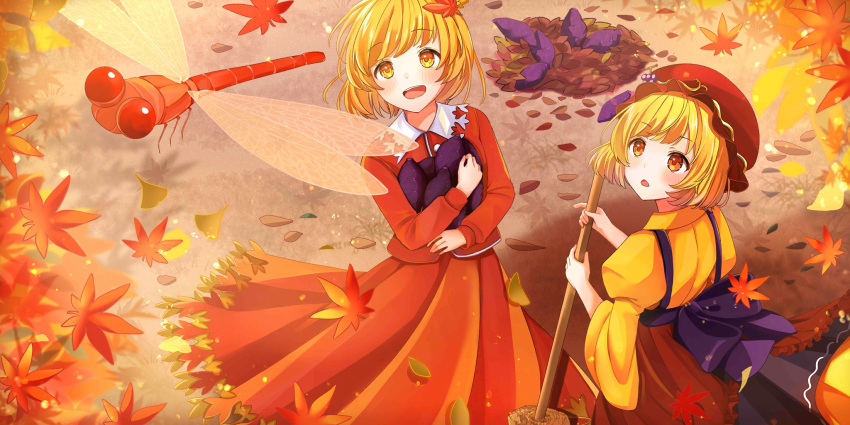 2girls :d aki_minoriko aki_shizuha autumn_leaves back_bow black_bow blonde_hair blush bow broom bug buntason_(buritarooooo) dragonfly food hair_ornament hat highres holding holding_broom jacket leaf leaf_hair_ornament long_sleeves looking_at_animal maple_leaf multiple_girls non-web_source official_art open_mouth orange_jacket orange_skirt puffy_sleeves red_headwear second-party_source shirt short_hair siblings sisters skirt sleeve_cuffs smile sweet_potato teeth touhou touhou_lost_word upper_teeth_only yellow_eyes yellow_shirt