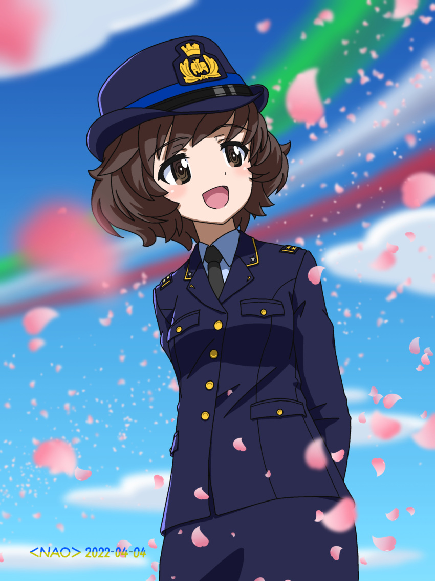 1girl akiyama_yukari arms_behind_back artist_name azzurra_(aeronautica_militare_italiana) azzurra_(aeronautica_militare_italiana)_(cosplay) black_necktie blue_headwear blue_jacket blue_shirt blue_skirt blue_sky blurry blurry_background brown_eyes brown_hair cherry_blossoms clouds cloudy_sky commentary contrail cosplay cowboy_shot dated day dress_shirt female_service_cap girls_und_panzer hat highres insignia italian_air_force jacket long_sleeves looking_to_the_side messy_hair military military_hat military_uniform naotosi necktie open_mouth original outdoors pencil_skirt petals shirt short_hair skirt sky smile solo standing uniform wind wing_collar