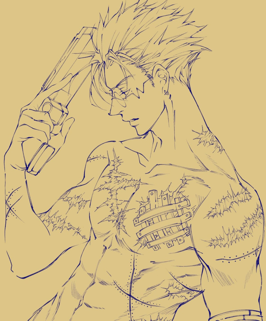 1boy abs ami_k09 bandages blonde_hair derringer earrings gun handgun highres jewelry male_focus mole mole_under_eye open_mouth prosthesis prosthetic_arm revolver scar scar_on_chest scar_on_neck short_hair simple_background solo sunglasses trigun vash_the_stampede weapon