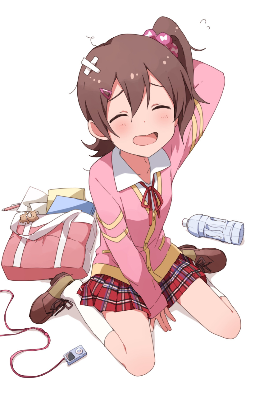 1girl absurdres bag bandaid bandaid_on_head between_legs blush bottle brown_hair buchi_(y0u0ri_) cardigan digital_media_player dot_nose earphones flying_sweatdrops hair_ornament hair_scrunchie hairclip hand_between_legs hand_on_own_head highres idolmaster idolmaster_million_live! idolmaster_million_live!_theater_days ipod kasuga_mirai loafers looking_at_viewer notebook one_side_up open_mouth paper pen pink_cardigan pink_scrunchie plaid plaid_skirt pleated_skirt red_ribbon red_skirt ribbon school_bag scrunchie shirt shoes short_hair simple_background sitting skirt smile socks solo stuffed_animal stuffed_toy teddy_bear unkempt wariza water_bottle white_background white_shirt white_socks wince